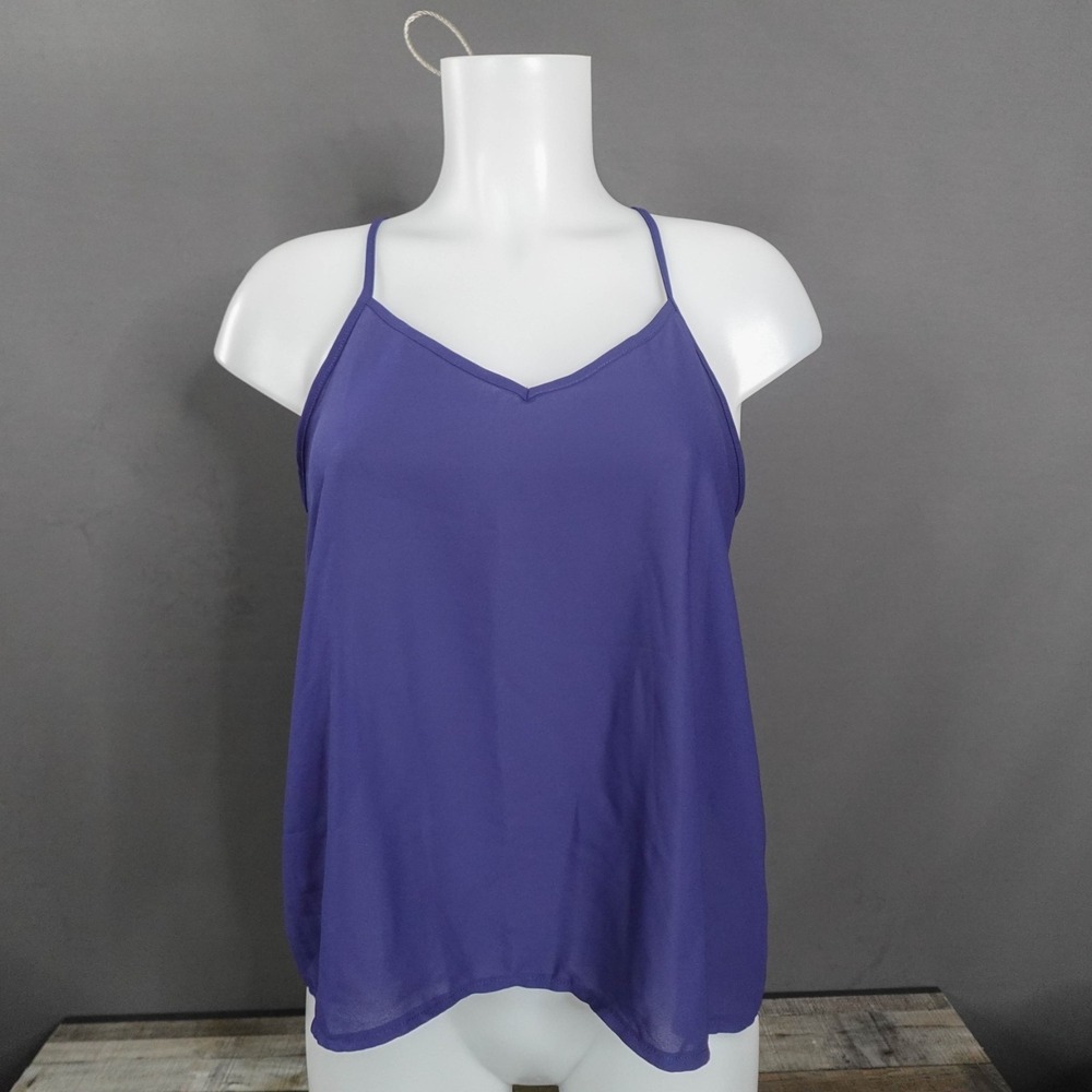 Womens Cami Tank Top Medium Blue Sheer Flowy Criss Cross Strappy Back Career